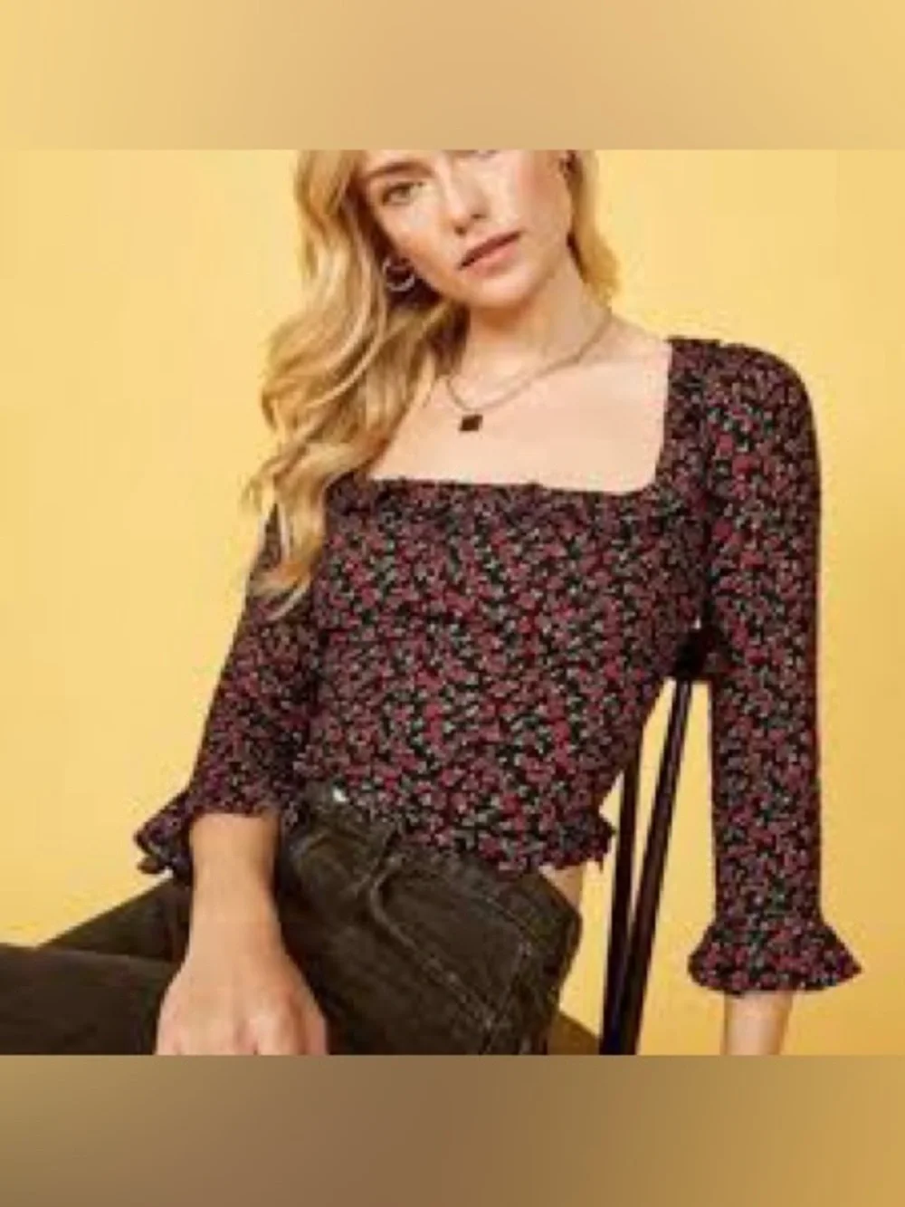 Reformation Black Square-Neck Floral Smocked Top 787